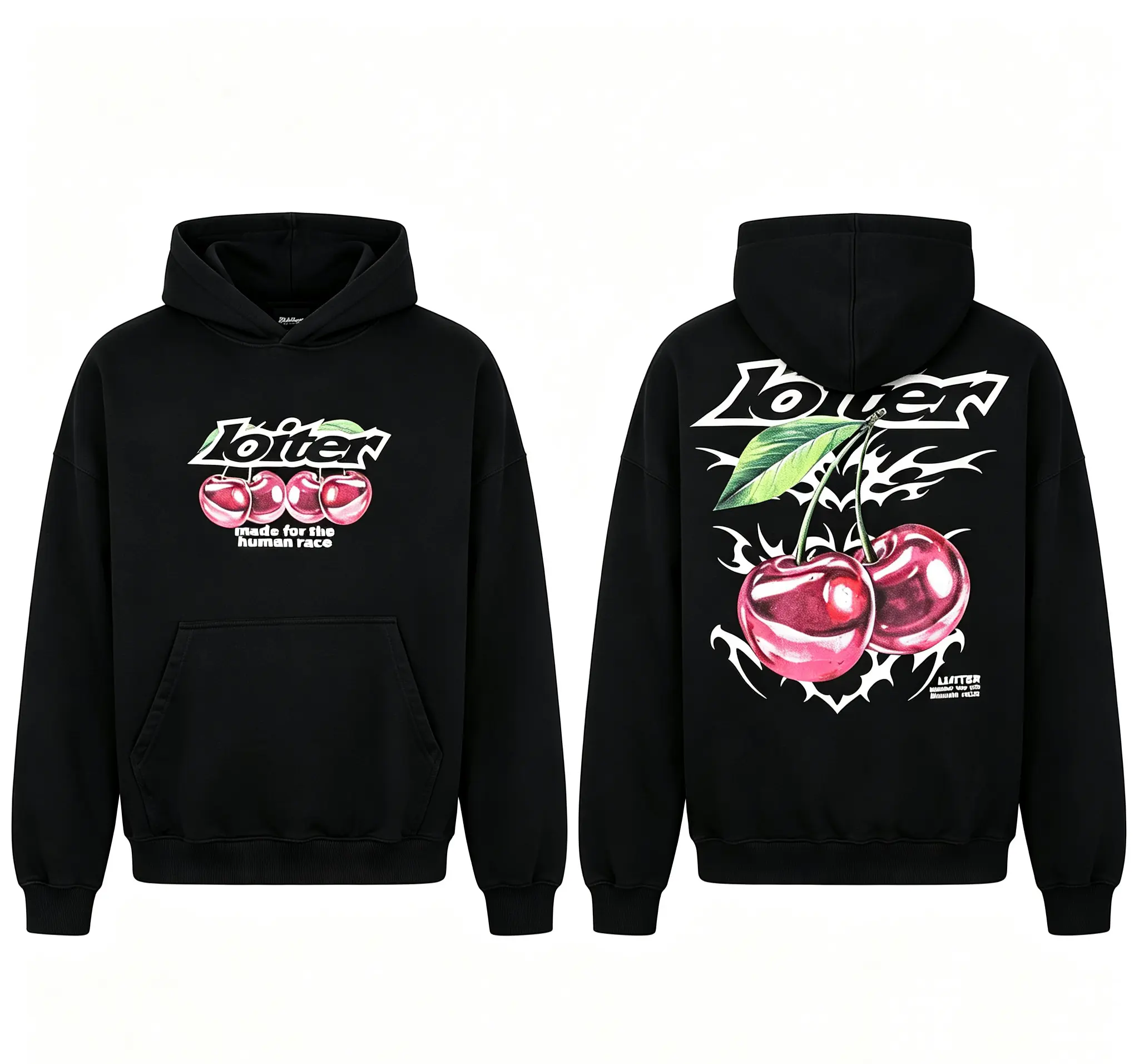Menswear Cotton Loiter Y2K Cherry Graphic Oversized Hoodie, Tribal Print Vintage Streetwear Pullover, Unisex Black Sweatshirt