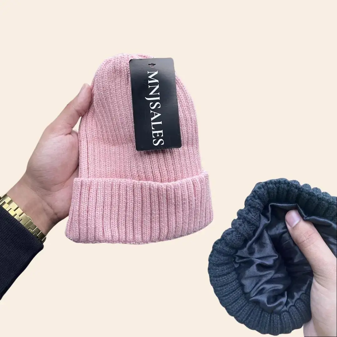 MNJSales Satin Lined Beanie Hats - Plain Rib Knitting Stretchable Hat Set, Skin-Friendly for Sensitive Scalps, Natural Moisture Retention, Reduced Friction, Temperature Control