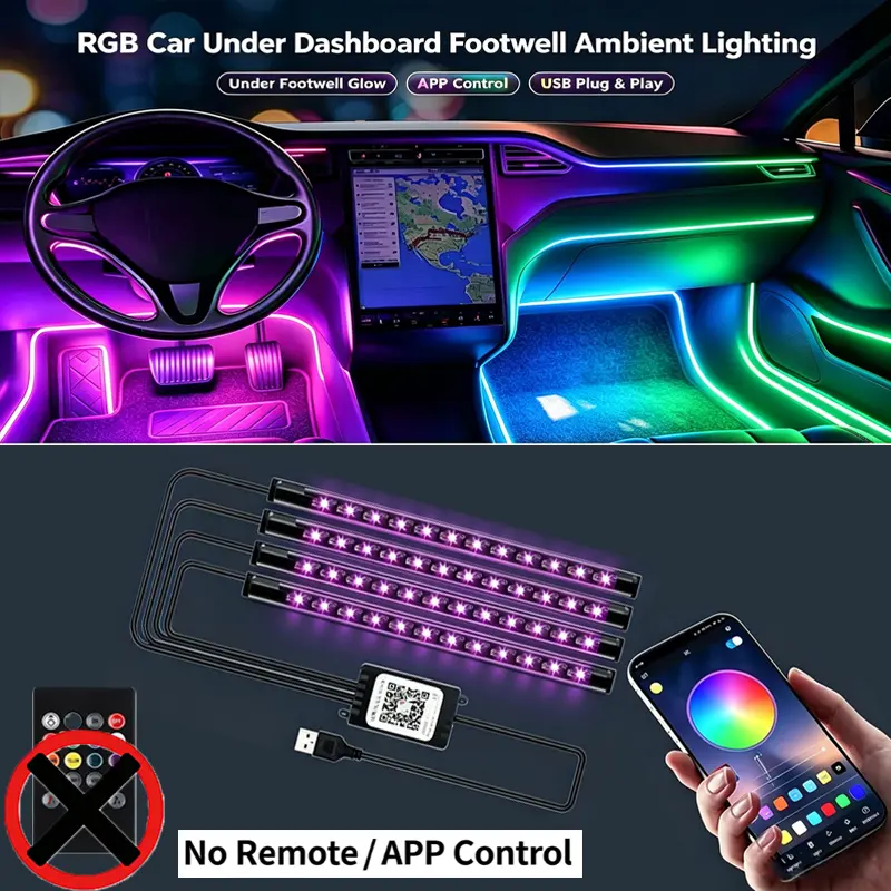 RGB Multi-Color Car LED Lights - USB Plug Car Atmosphere Lamp, App+Voice Control, Music Sync, Remote, Strobe Safety Lights for Under-Dashboard Footwell Interior Decor, Men's Birthday Gift