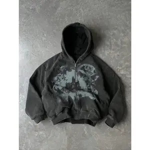 Men’s hooded zip-up sweatshirt, patterned printed hoodie, cotton casual loose long-sleeve top, cartoon castle print, suitable for everyday wear in autumn and winter GARMENTARY