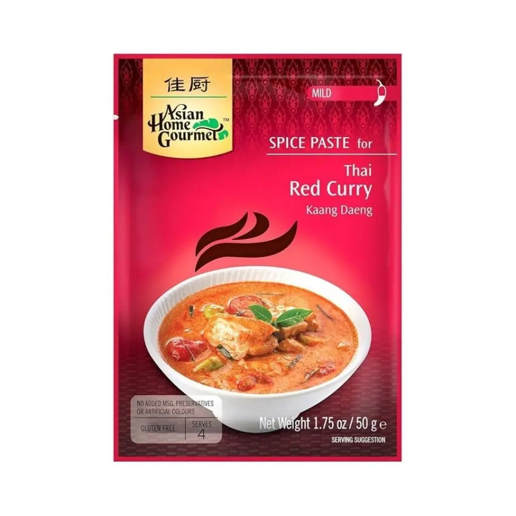Asian Home Gourmet Thai Red Curry (Kaang Daeng) Cooking Paste - 50g Coconut-Infused Herbal Blend for Home Cooks' Lemongrass Chicken, Chili Heat, Rich Authentic Flavor for All Ages, Soybean Oil, Garlic, Cayenne Pepper, Shallots, Sugar, Lemongrass, Salt, Ga