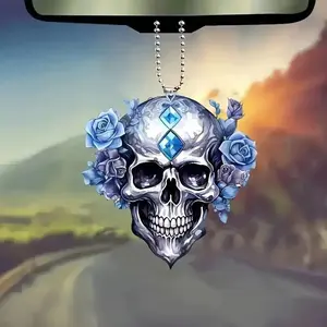 Halloween Skull Hanging Ornament, Acrylic Flat Car Rearview Mirror Decoration, Car Trinkets, Festive Auto Accessory for Spooky Vibes