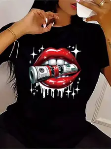 Women's Casual Short Sleeve Crew Neck T-Shirt - Bold Red Lips & Dollar Bill Graphic Print with Sparkling Stars - Black All-Season Machine Washable Top, Street Style Apparel| Trendy Graphic Tee| Easycare Fabric, Ladies T Shirts