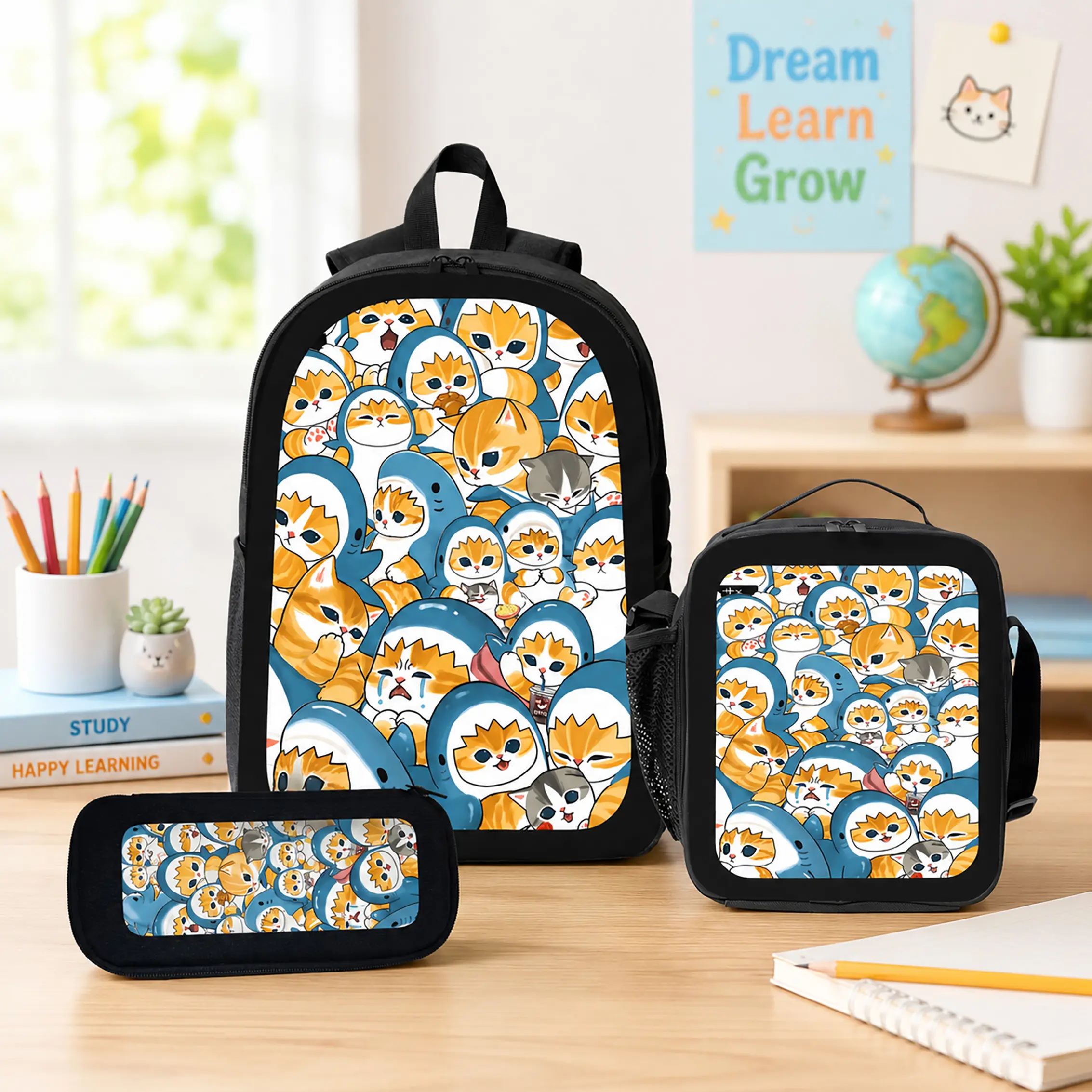 Mofusand Backpack Set 3 Piece School Backpack Lunch Bag Pencil Case Polyester Lightweight Large Capacity Cute Cat Anime Kawaii Bookbag For Back To School Travel Daily Use For Kids Boys Girls Students