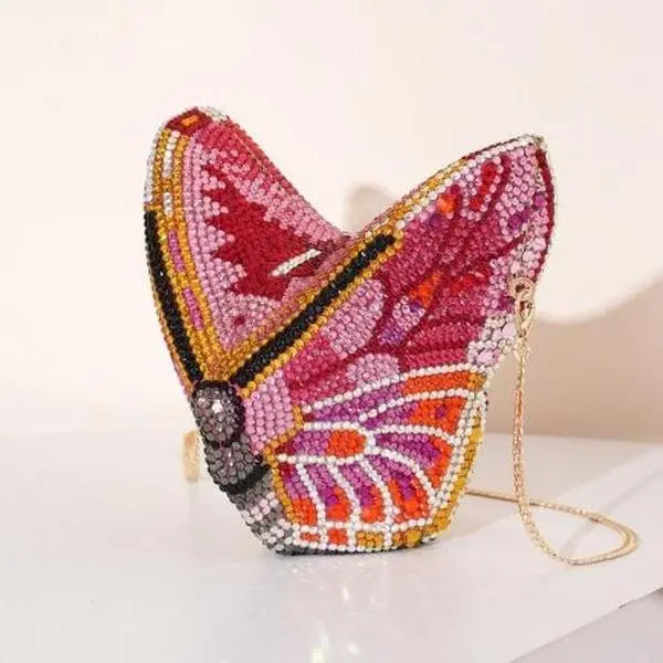 Women's Butterfly Rhinestone Faux Leather Clutch - Elegant Sparkly Evening Bag with Removable Chain for Prom, Birthday, Parties