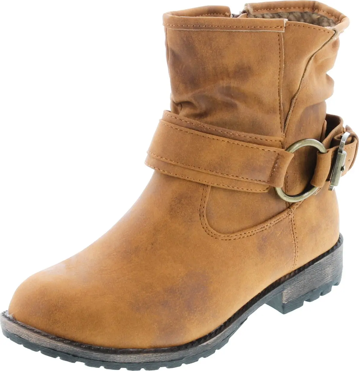 Women's Distressed Side Zipper Lug Sole Flat Heel Ankle Booties