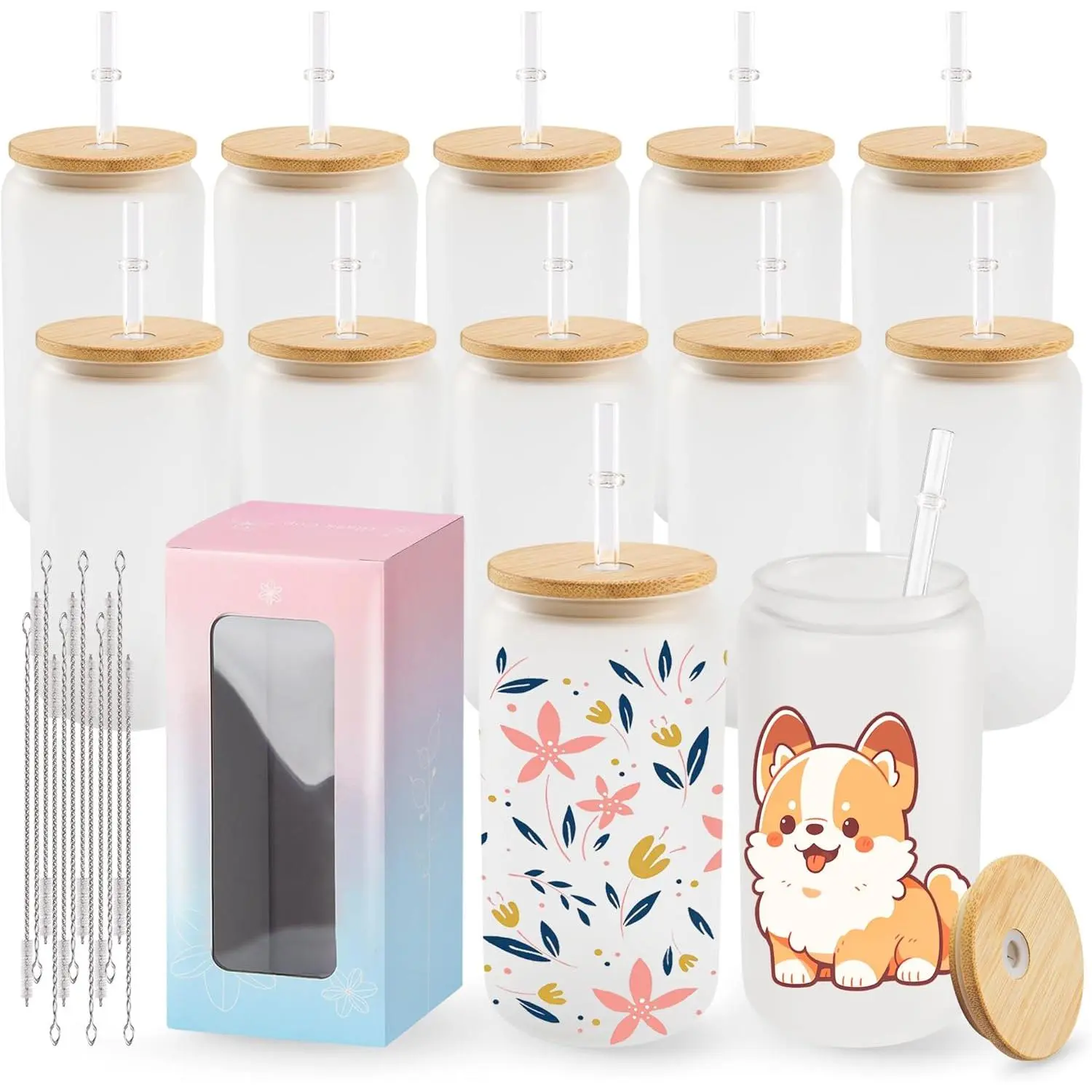 12 Pack Sublimation Blanks Bulk Frosted Glass Cups with  and Straws 16oz, Sublimation Glass Tumbler  Can Shaped Mugs for Iced Coffee Smoothie Soda Boba  DIY  Small Business