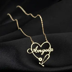 Customized 201 201 Stainless Steel Golden Heart Stethoscope Name Necklace for Women, Nurse Jewelry, Doctor Versatile Personalized Custom Nameplate Pendant Necklace, Suitable for Everyday Wear And Various Holiday Gifts for Both Men And Women