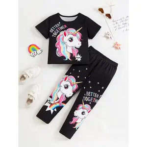 Girls' Two-Piece Set: Unicorn Letter Pattern T-Shirt + Pants Outfit