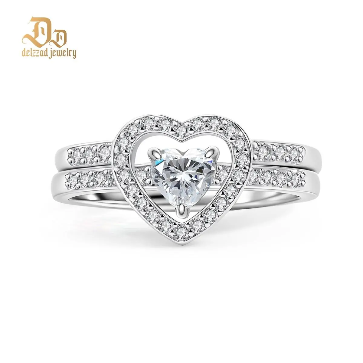 Delzzad Halo Heart Cut Ring Set D Color VVS Synthetic Moissanite Women's Wedding Engagement Promise Ring Marriage Statement Anniversary Valentine's Day Gifts