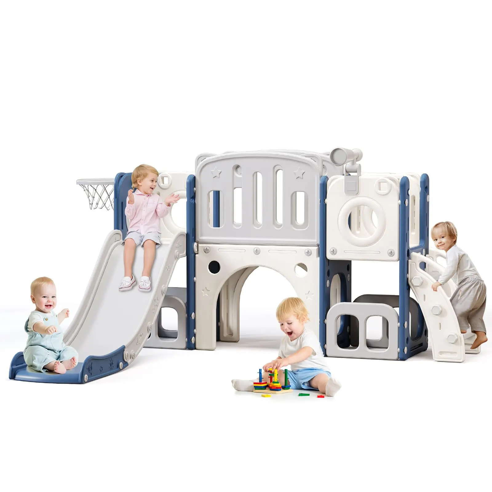8 in 1 Toddler Slide,Kids Climber Slide with Storage Space and Non-Slip Steps,Indoor Outdoor Playset with Basketball Hoopa and Telescope,Slide for Toddlers 3+