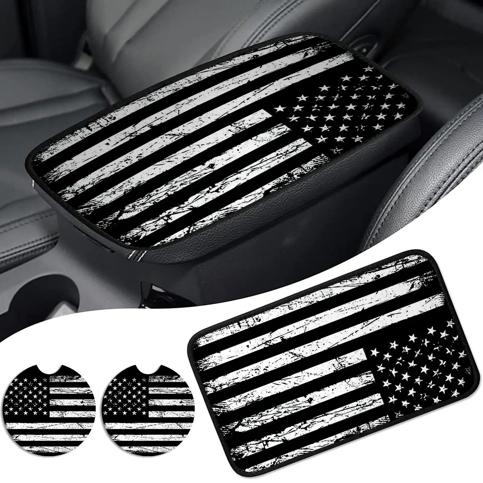 American Flag Pattern Car Center Console Cover & Cup Coasters, Universal Armrest Cover & Non-slip Coasters Car Accessory, Car Interior Decoration Acce