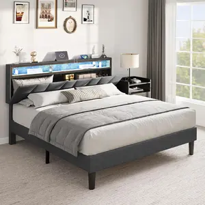 【Limited time deal】BM-CBX  Queen Bed Frame with Storage Headboard, Upholstered Platform Bed Frame with LED Lights & Charging Station, No Box Spring Required, Easy Assembly, Grey