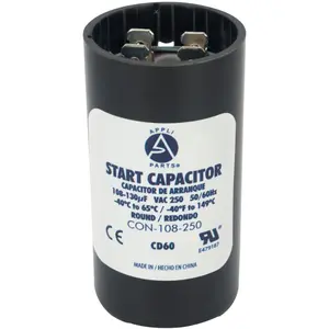 Appli Parts motor start capacitor 108-130 Mfd (microfarads) uF 250 VAC universal fit for electric motor applications 1-7/16 in Diameter 2-3/4 in Height  CON-108-250