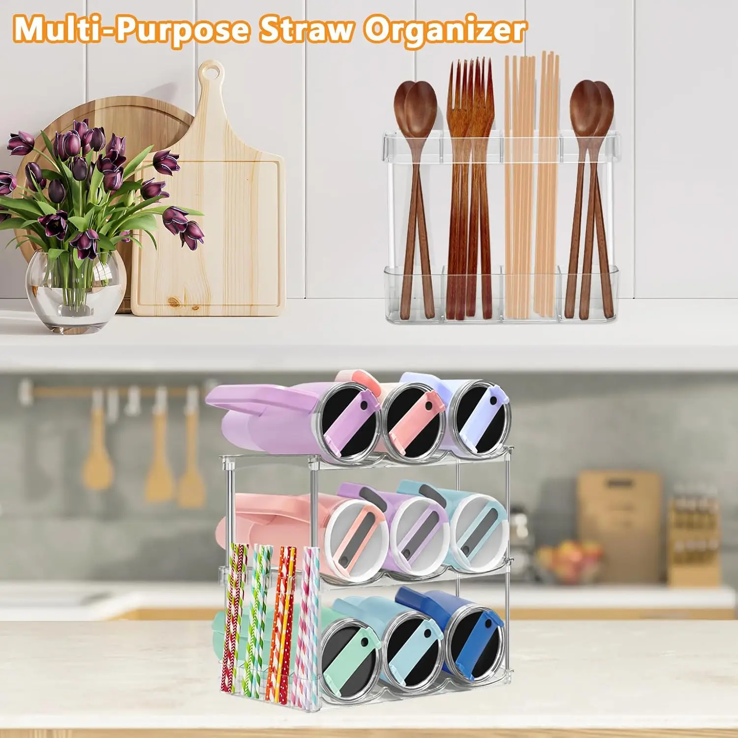 Acrylic Straw Holder With Adhesive Tape - Reusable Straw Organizer For Kitchen