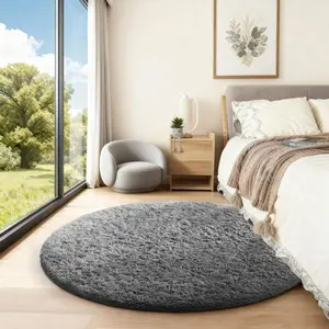 Round Rug 4Ft Grey Circle Area Rugs, Fluffy Fuzzy Small Bedroom Carpet 4 Foot, Plush Shag Floor Gray Living Room Christmas Circular Aesthetic Decor for Kids Teen Boys Baby, Nursery, Classroom