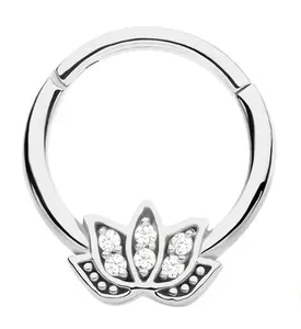Lotus Flower Clear CZ Stainless Steel Hinged Segment Ring