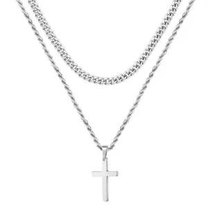 Layered Cross Necklace for Men and Women, Mens Chain Necklaces,   Men's Stainless Steel Cuban Chain and Rope Chian Cross Pendant Necklace