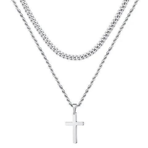 Layered Cross Necklace for Men and Women, Mens Chain Necklaces,   Men's Stainless Steel Cuban Chain and Rope Chian Cross Pendant Necklace