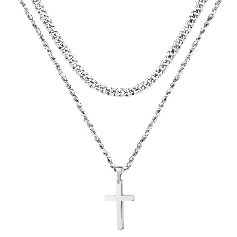 Layered Cross Necklace for Men and Women, Mens Chain Necklaces,   Men's Stainless Steel Cuban Chain and Rope Chian Cross Pendant Necklace