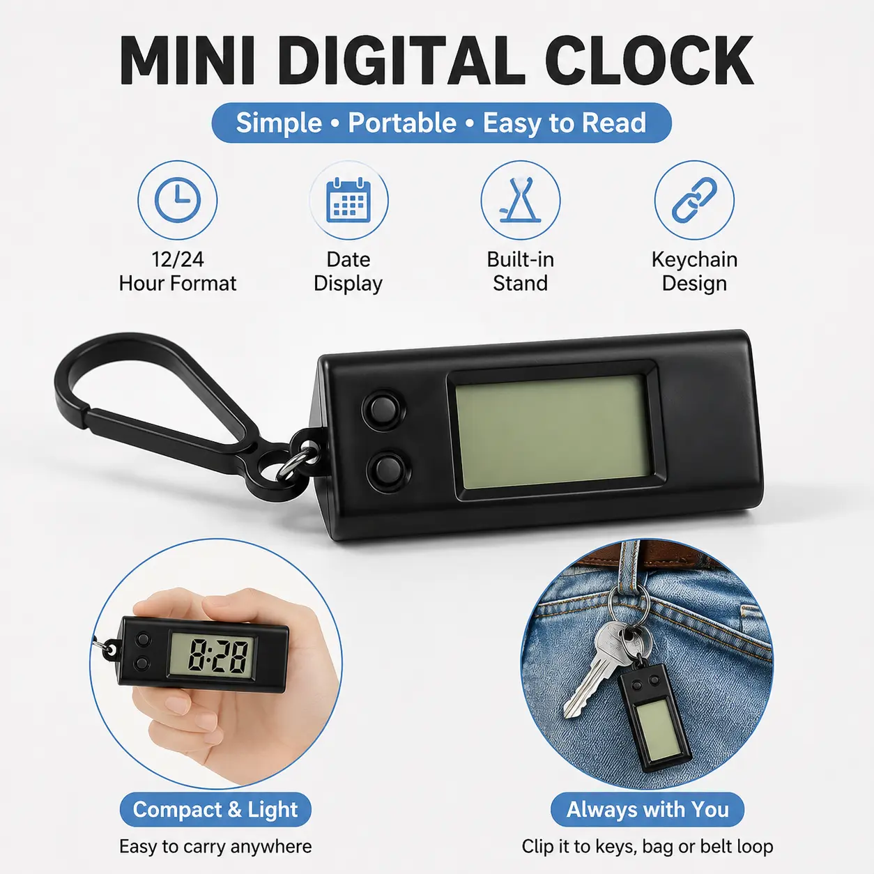 1 Count, Mini Electronic Keychain Watch with Hook, Clear LCD Display, 12 Hour System Showing Time and Date for Study, Exam, Office Daily Use