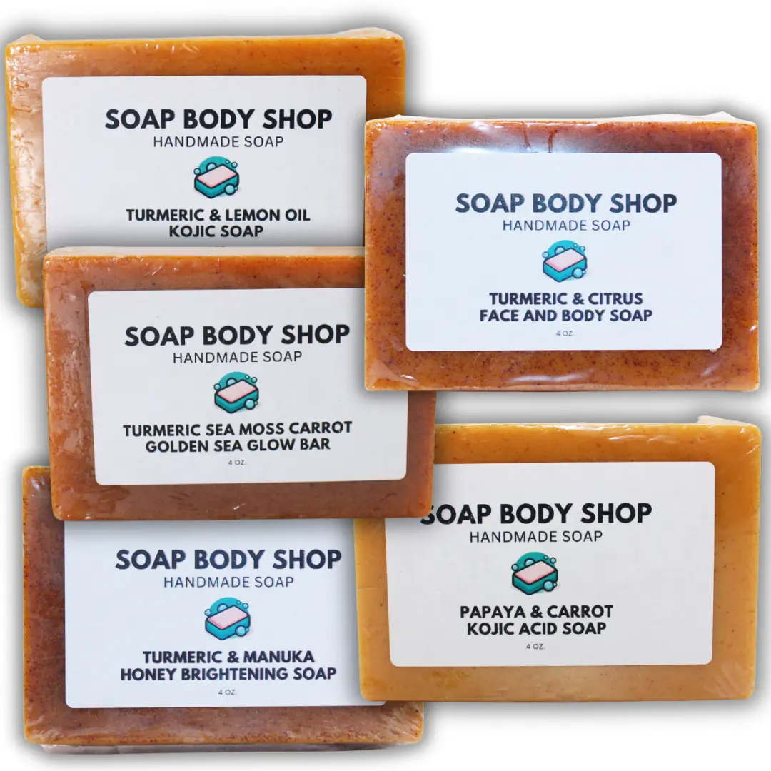 Turmeric Brightening Soap Variety Pack, Goat’s Milk & Essential Oils – 5-Piece, Handmade Face & Body Soap Bars: Lemon Oil Kojic, Papaya & Carrot Kojic, Manuka Honey, Citrus, & Sea Moss Carrot, Kojic Acid – Nourishing Coconut Oil Blend, 4 oz Each