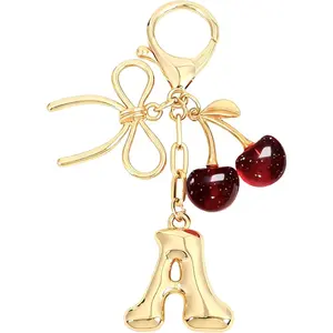 Bubble Initial Keychain with Bow & Cherry - Gold Letter Bag Charms for Women, Cute Purse Handbag Accessories