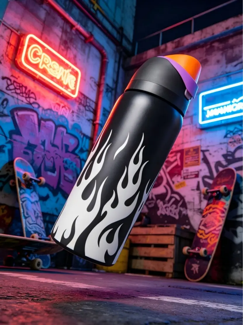 32-oz/945ML Solid Stainless Steel Insulated Vacuum Flask Tumbler - White Flame Print, Freesip Lid with Straw, 24+ hr Heat/Cold Insulation, Anti-Scalding, Loop, Coffee/Frozen Drink Compatible, Exquisite Workmanship, Ideal for Camping, Work, Water Bottles,,