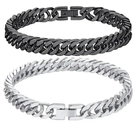 2pcs Cuban Chain Link Stacked Bracelets Couple Gift Stainless Steel Wrist Silver Color, 8mm Wide 7.48/8.66 Inch, Halloween Christmas Valentine's Day Jewelry, High Quality Chunky Link Bracelet