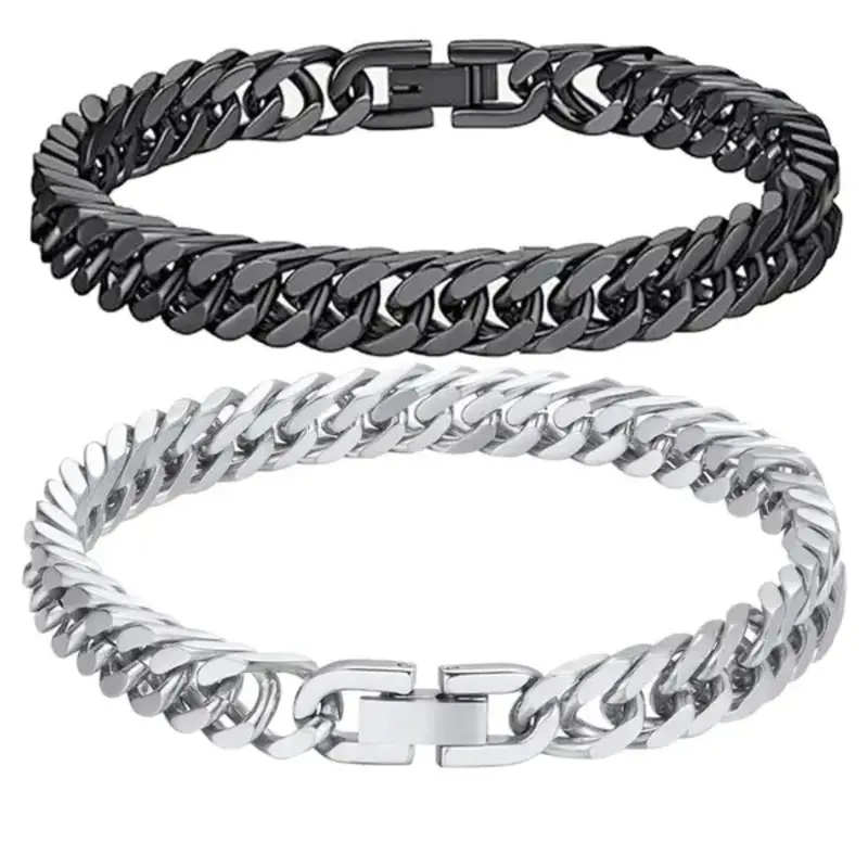 2pcs Cuban Chain Link Stacked Bracelets Couple Gift Stainless Steel Wrist Silver Color, 8mm Wide 7.48/8.66 Inch, Halloween Christmas Valentine's Day Jewelry, High Quality Chunky Link Bracelet