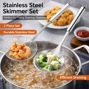 2 Pcs Stainless Steel Skimmer & Turner – Slotted Fish Spatula, Spider Strainer Ladle for Frying Cooking, Multi-Use Kitchen Utensil Set