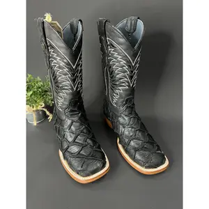 Cowboy Print Rustic Pirarucu Black Square Toe Boots