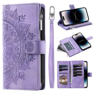 Luxury Zipper Wallet Case for iPhone 14 15 16 17 Pro Max Air 16E 13 12 11 Pro XR XS 7 8 SE Embossed Leather Card Slot Phone Bag