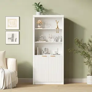 YJ-Garvee Tall Wooden Bookcase with Doors and Drawer, Featuring 5-Tier Adjustable Shelves and Large Storage Cabinet, Modern Freestanding Bookshelf for Home Office or Living Room,