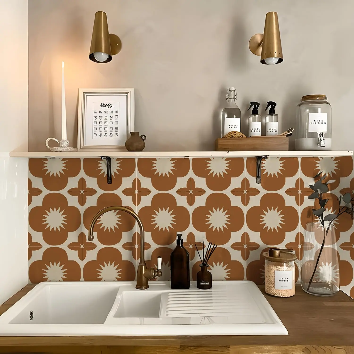 Alwayspon 25Pcs Peel and Stick Tile Transfer Stickers, Coffee Flowers Green Tile Decal Self-Adhesive Vinyl Backsplash Stick on Tiles for Kitchen Bathroom, 15cm/6inch