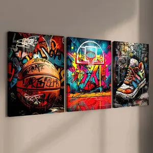 3-Pack Wood Frame Canvas Posters, Cool Graffiti Basketball Art, Modern Home Decor, Waterproof, for Living Room, Bedroom, Office