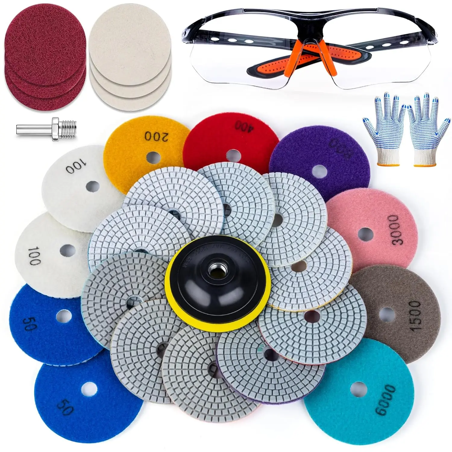 20 Pack 4 Inch  Polishing Pads, Granite Polishing Pads Kit with 5/8''-11 Backer Pad, 50-6000 Grit Wet/Dry Polishing Pads for Marble, Concrete, Quartz, Stone, Tile with  Felt Pads