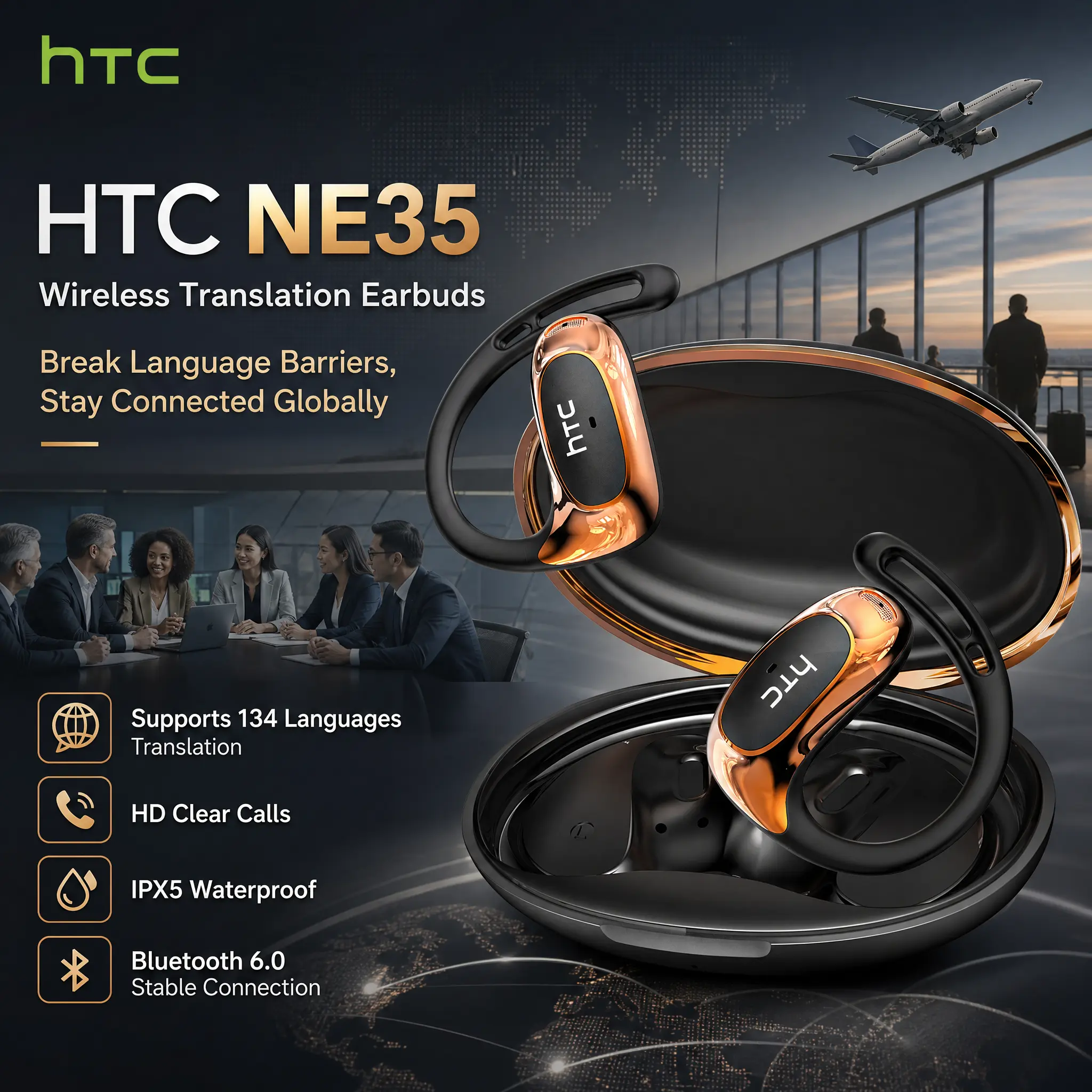 HTC NE35 Open-Ear Wireless Bluetooth Earbuds, 134-Language AI Translator Headset with App, IPX5 Waterproof Sports Headphones with 48H Battery Life for Music & Calls, Bluetooth 6.0