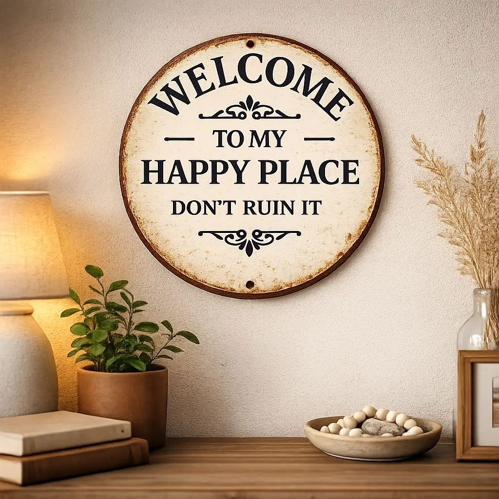 Vintage Circle Metal Welcome Sign - "Welcome to My Happy Place, Don't Ruin It" -  Iron Door Hanging Decor - 20cm Farmhouse Porch Decoration, Funny Home Entrance Decor