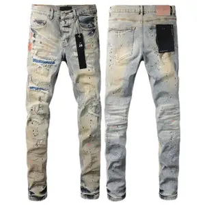 European and American Street Designer Solid Color American Retro Hip Hop Fashion Jeans with Distressed Style and Paint Splatter