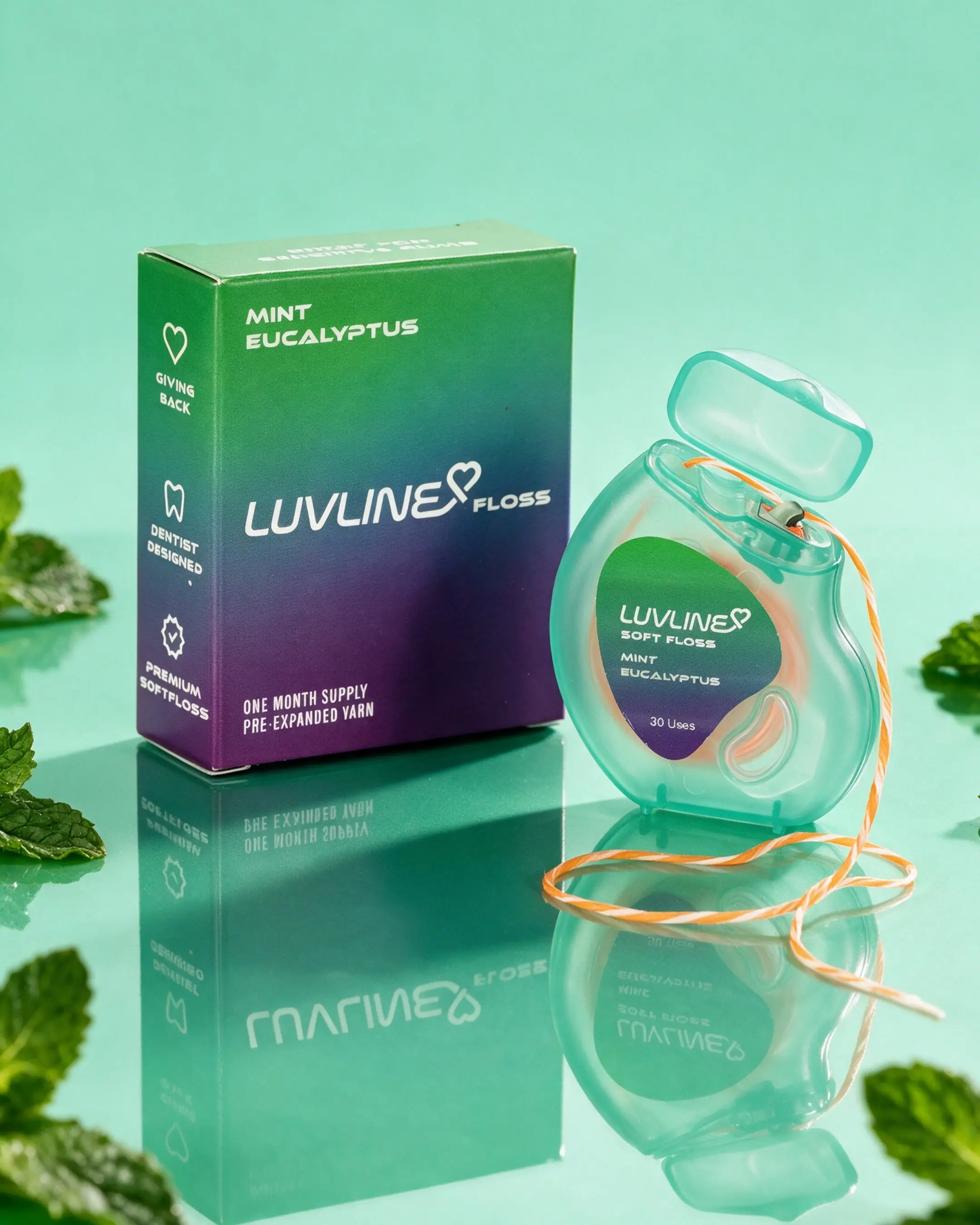 LUVLINE Mint Eucalyptus — Pre-Expanded Dental Floss with Xylitol, Dentist-Designed Oral Care to Fight Cavities — 1 Softfloss Spool (1 month supply)
