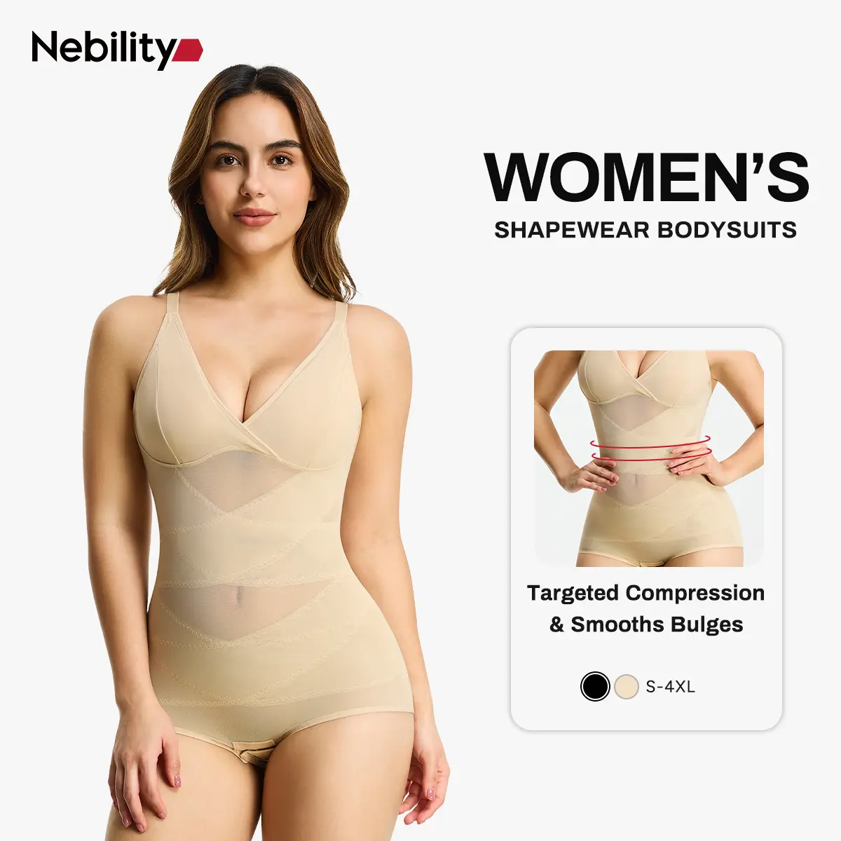 Nebility Women's V-Neck Fajas Shapewear - Mesh Breathable & Basic Comfort, Minimalist Compression Body Shaper Beige Womenswear