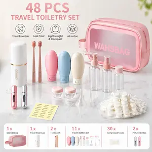 48-Piece Refillable Lightweight Travel Bottle & Toiletry Set: Includes Containers for Sprays, Lotions, Creams, Shampoo, Body Wash, and Perfume; Plus Compressed Towels, Toothbrush, and 3-in-1 Travel Wash Cup—Ideal for Travel, Business Trips, and Camping.