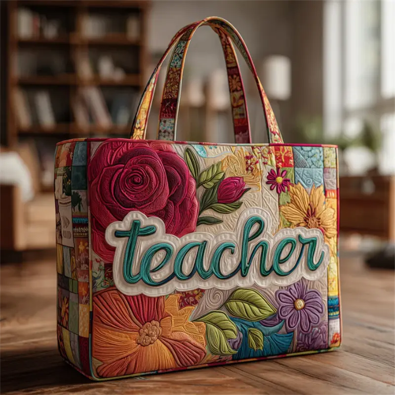 Women Quilted Tote Bag, Teacher Letter Floral Patchwork Print Shoulder Handbag, Large Capacity Teacher Appreciation Gift Shopping Bag, Colorful Flower Art Tote Purse for School Daily Grocery Travel