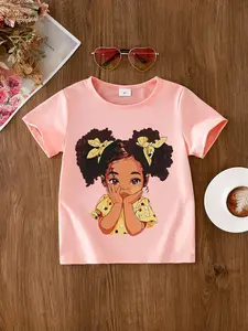 Girl's Cartoon Print Round Neck Tee, Fashion Casual Crew Neck T-Shirt for Daily Holiday Vacation Outdoor Wear, Girls Clothing for Summer, Cute Cartoon Clothes