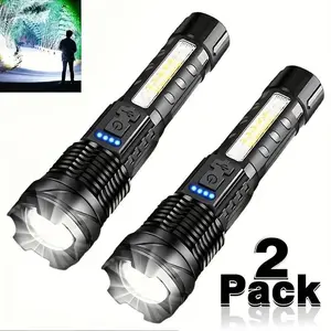2PCS Zoomable LED Handheld Flashlights with 5-Mode, COB Side Light, USB-C Charging, Power Display, 8H Runtime, Detachable Clip, for Garden Use, Nighttime Security, Flash, Lights, Tools and Gadgets for Him,father's day gifts