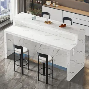 71" Large Faux Marble Dining Table with RGB LED Lights, Modern Rectangle Kitchen Island Table with Charging Station, 2-Tier Home Bar Unit for 6 People, White