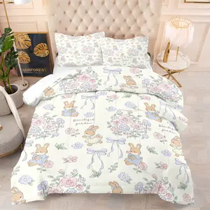 Whimsical Bunny & Pastel Floral Comforter Set,Includes 1 Comforter & 1-2 Pillowcases,Gentle Rabbits & Beautiful Garden Print Bedding Set for Girls Bedroom,Kids & Teens Room,Guest Room,Apartment Decor