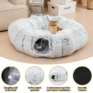 Cat Tunnel Cat Bed Play Tunnel with Mat Long Plush Deep Sleep Removable Washable Multifunctional Connectable Cat Passage Soft Plush Material Non-slip Bottom