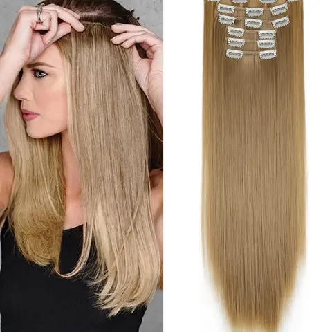 Women's Clip-On Hair Extensions Set, 6-Piece with 16 Clips, Long Straight Synthetic Fiber Hair Pieces, Clip on Hairpieces, Synthetic Clip Hairpiece, Synthetic Fiber Extensions for Instant Volume and Length